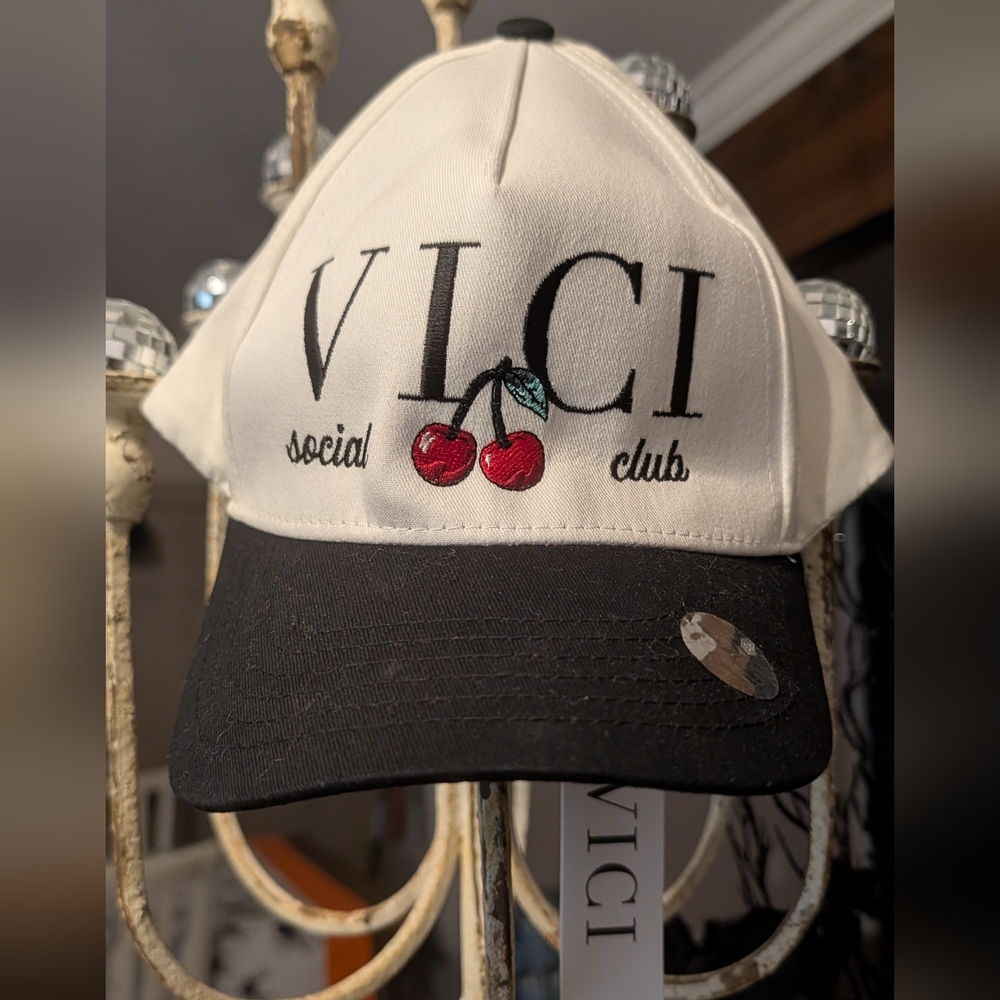 Vici Cherry Embroidered Cap in Black and Cream
